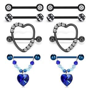 14G 316L Black and Blue Cubic Zirconia Heart Nipple Rings - Set of 4